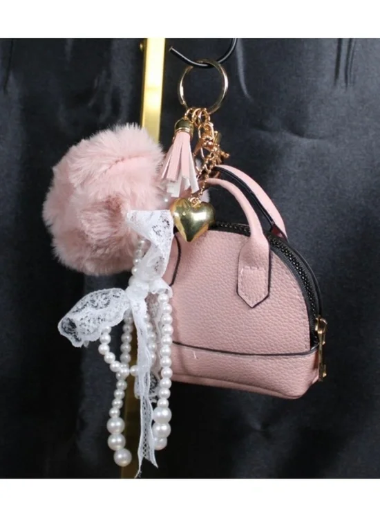 Posh + Pop NWT Pink Leather Mini Bag & Fluffy Heart w/Pearls Bag Charms - Picture 4 of 4